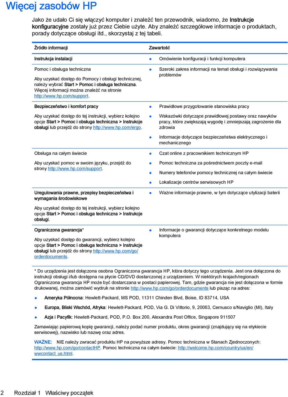 Źródło informacji Zawartość Instrukcja instalacji Omówienie konfiguracji i funkcji komputera Pomoc i obsługa techniczna Aby uzyskać dostęp do Pomocy i obsługi technicznej, należy wybrać Start > Pomoc