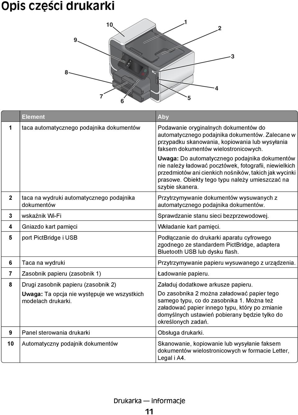 Uwaga: Do automatycznego podajnika dokumentów nie należy ładować pocztówek, fotografii, niewielkich przedmiotów ani cienkich nośników, takich jak wycinki prasowe.