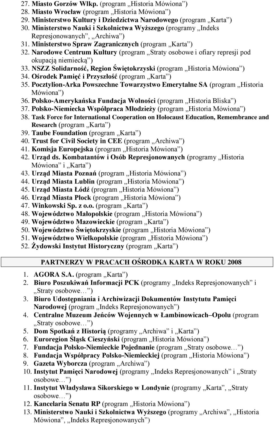 Narodowe Centrum Kultury (program Straty osobowe i ofiary represji pod okupacją niemiecką ) 33. NSZZ Solidarność, Region Świętokrzyski (program Historia Mówiona ) 34.