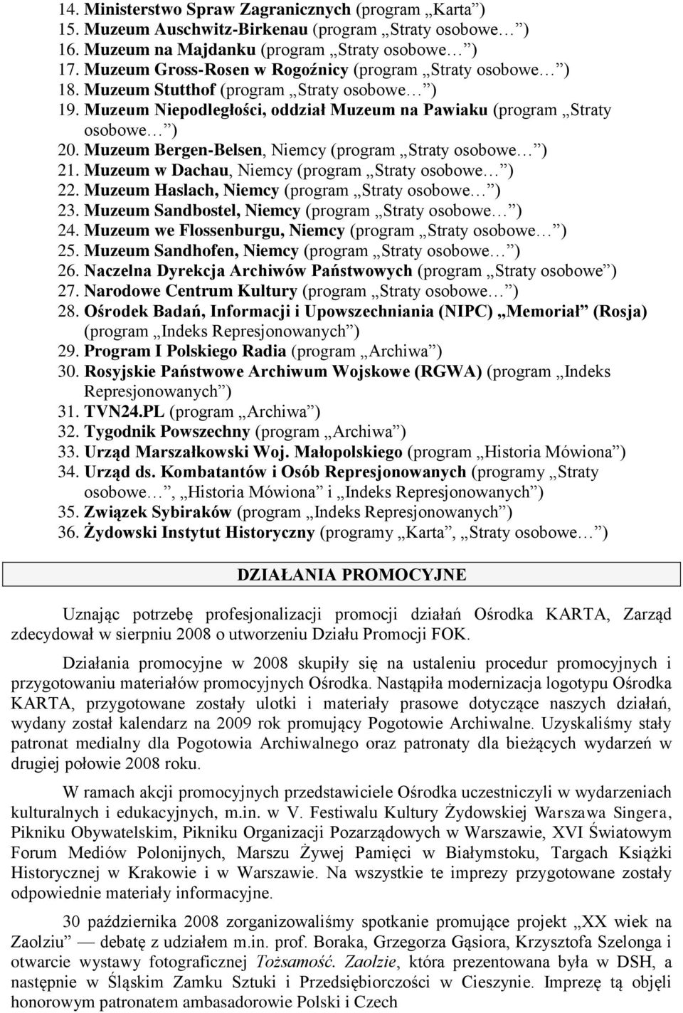 Muzeum Bergen-Belsen, Niemcy (program Straty osobowe ) 21. Muzeum w Dachau, Niemcy (program Straty osobowe ) 22. Muzeum Haslach, Niemcy (program Straty osobowe ) 23.