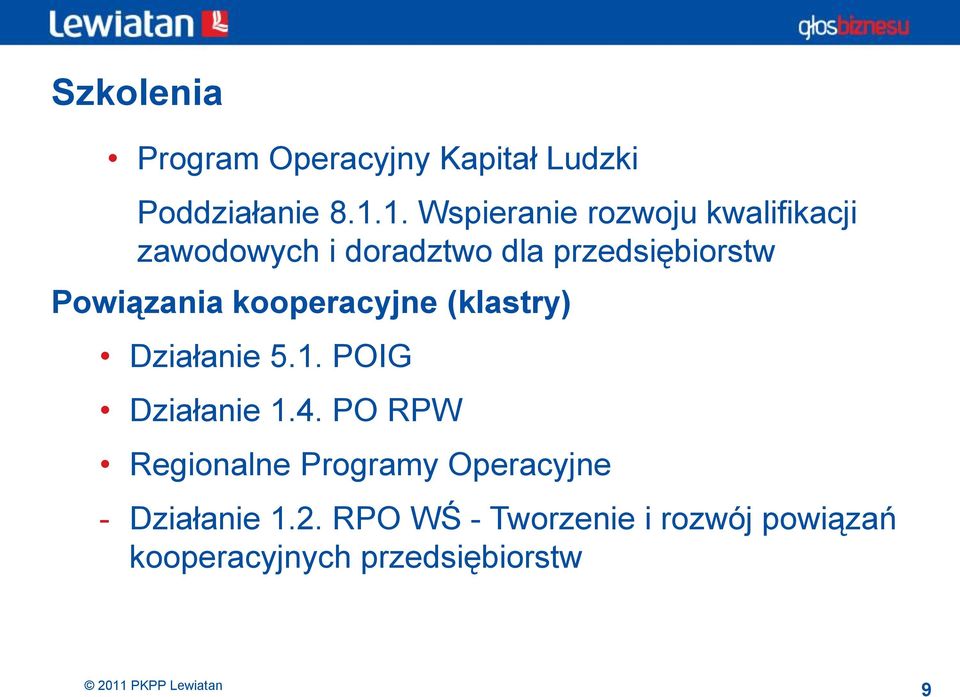 Powiązania kooperacyjne (klastry) Działanie 5.1. POIG Działanie 1.4.