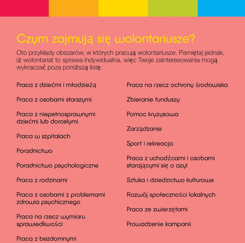 Praca z dziećmi i młodzie ą Praca z osobami starszymi Praca z niepełnosprawnymi dziećmi lub dorosłymi Praca w szpitalach Poradnictwo Poradnictwo psychologiczne Praca z rodzinami Praca z