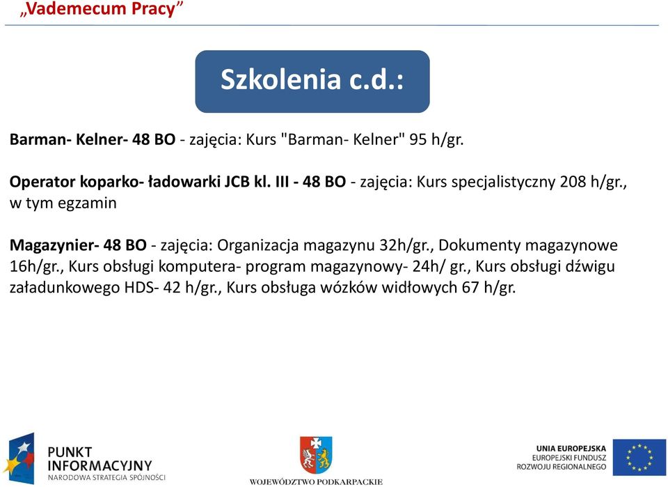 , w tym egzamin Magazynier- 48 BO - zajęcia: Organizacja magazynu 32h/gr., Dokumenty magazynowe 16h/gr.