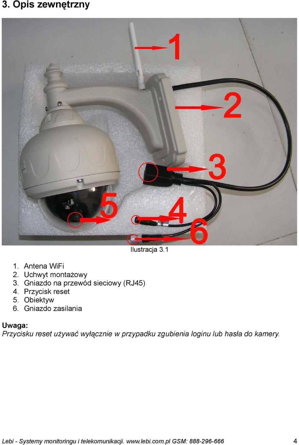 (RJ45) Przycisk reset Obiektyw Gniazdo zasilania Uwaga: