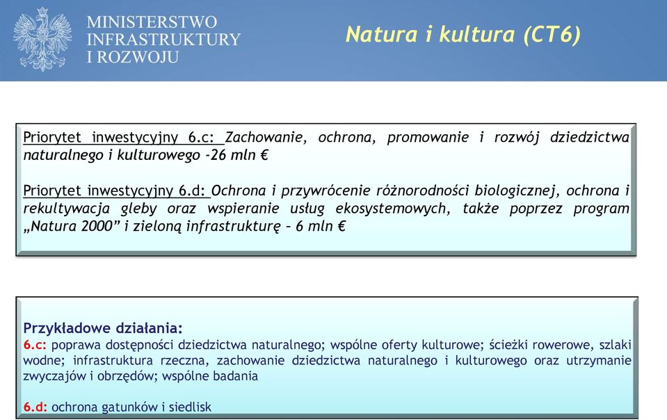 d: Ochrona i przywrócenie różnorodności biologicznej, ochrona i rekultywacja gleby oraz wspieranie usług ekosystemowych, także poprzez program Natura 2000 i