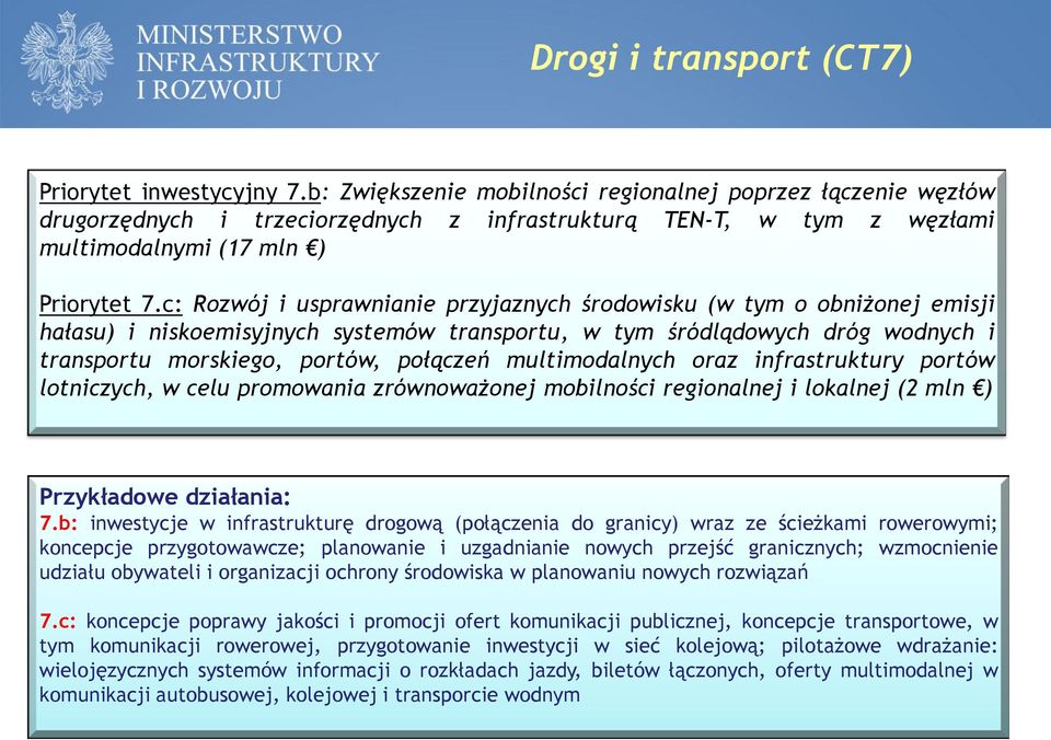 c: Rozwój i usprawnianie przyjaznych środowisku (w tym o obniżonej emisji hałasu) i niskoemisyjnych systemów transportu, w tym śródlądowych dróg wodnych i transportu morskiego, portów, połączeń