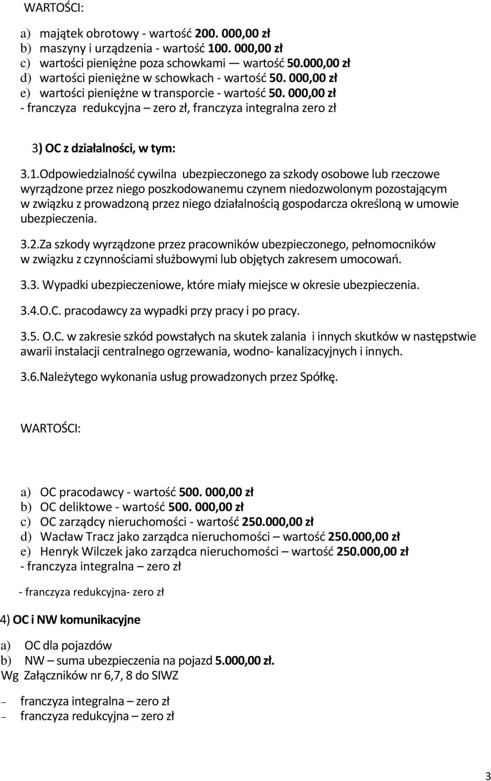 000,00 zł - franczyza redukcyjna zero zł, franczyza integralna zero zł 3) OC z działalności, w tym: 3.1.