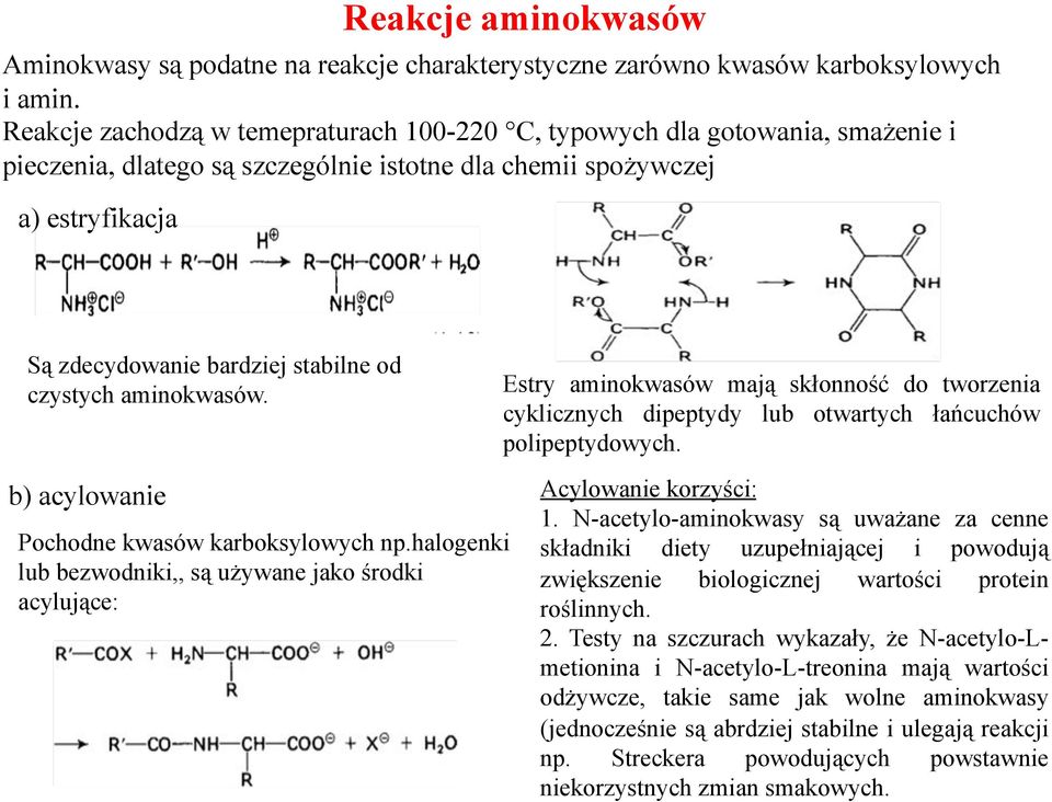 czystych aminokwasów. b) acylowanie Acylowanie korzy"ci: Pochodne kwasów karboksylowych np.