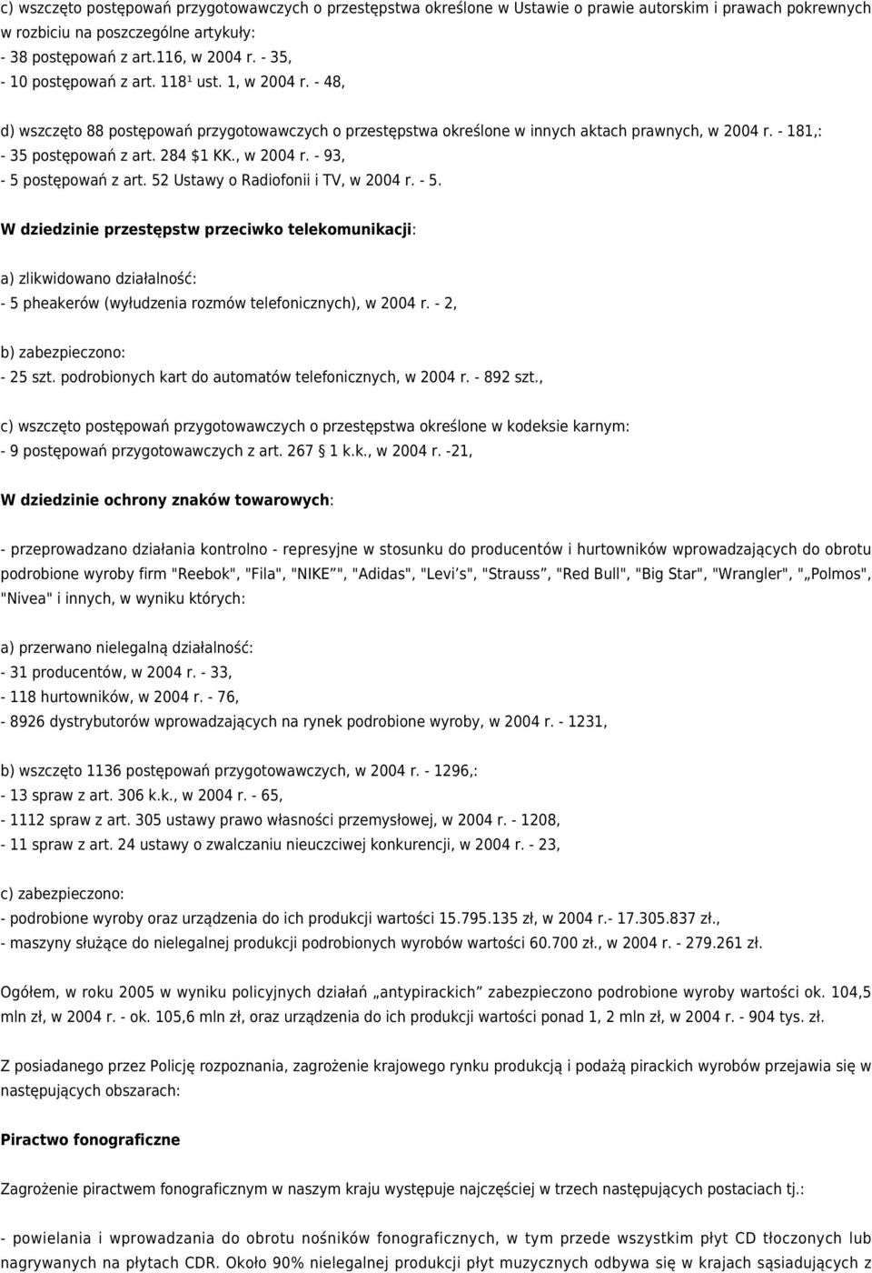 284 $1 KK., w 2004 r. - 93, - 5 postępowań z art. 52 Ustawy o Radiofonii i TV, w 2004 r. - 5. W dziedzinie przestępstw przeciwko telekomunikacji: a) zlikwidowano działalność: - 5 pheakerów (wyłudzenia rozmów telefonicznych), w 2004 r.