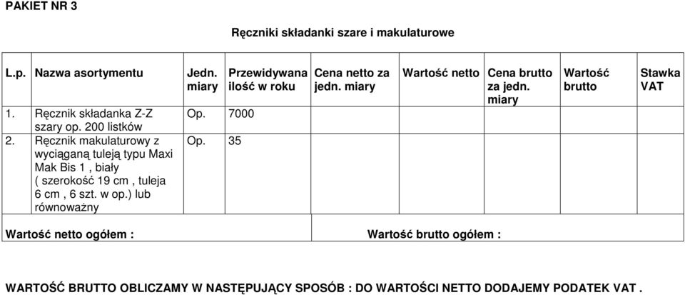 ) lub równowaŝny Jedn. Op. 7000 Op. 35 Przewidywana ilość w roku Cena netto za jedn. Wartość netto Cena brutto za jedn.