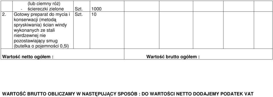 stali nierdzewnej nie pozostawiający smug (butelka o pojemności 0,5l) Szt.