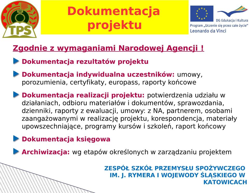 realizacji projektu: potwierdzenia udziału w działaniach, odbioru materiałów i dokumentów, sprawozdania, dzienniki, raporty z ewaluacji, umowy: z
