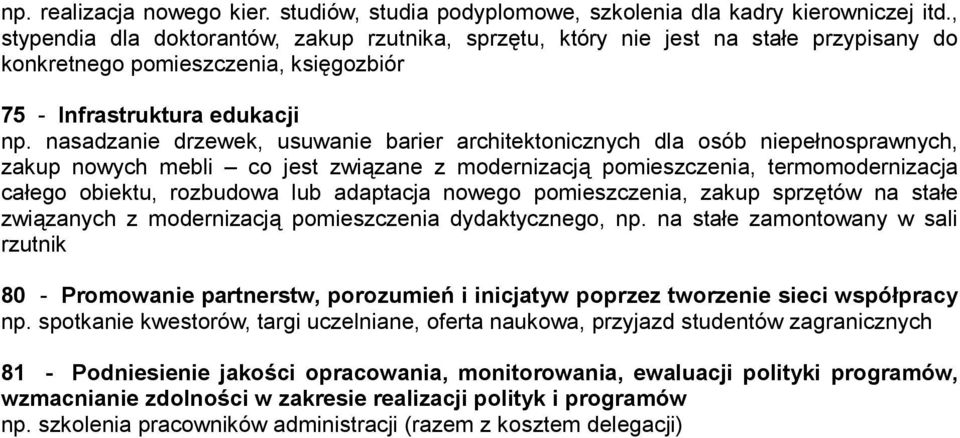 nasadzanie drzewek, usuwanie barier architektonicznych dla osób niepełnosprawnych, zakup nowych mebli co jest związane z modernizacją pomieszczenia, termomodernizacja całego obiektu, rozbudowa lub