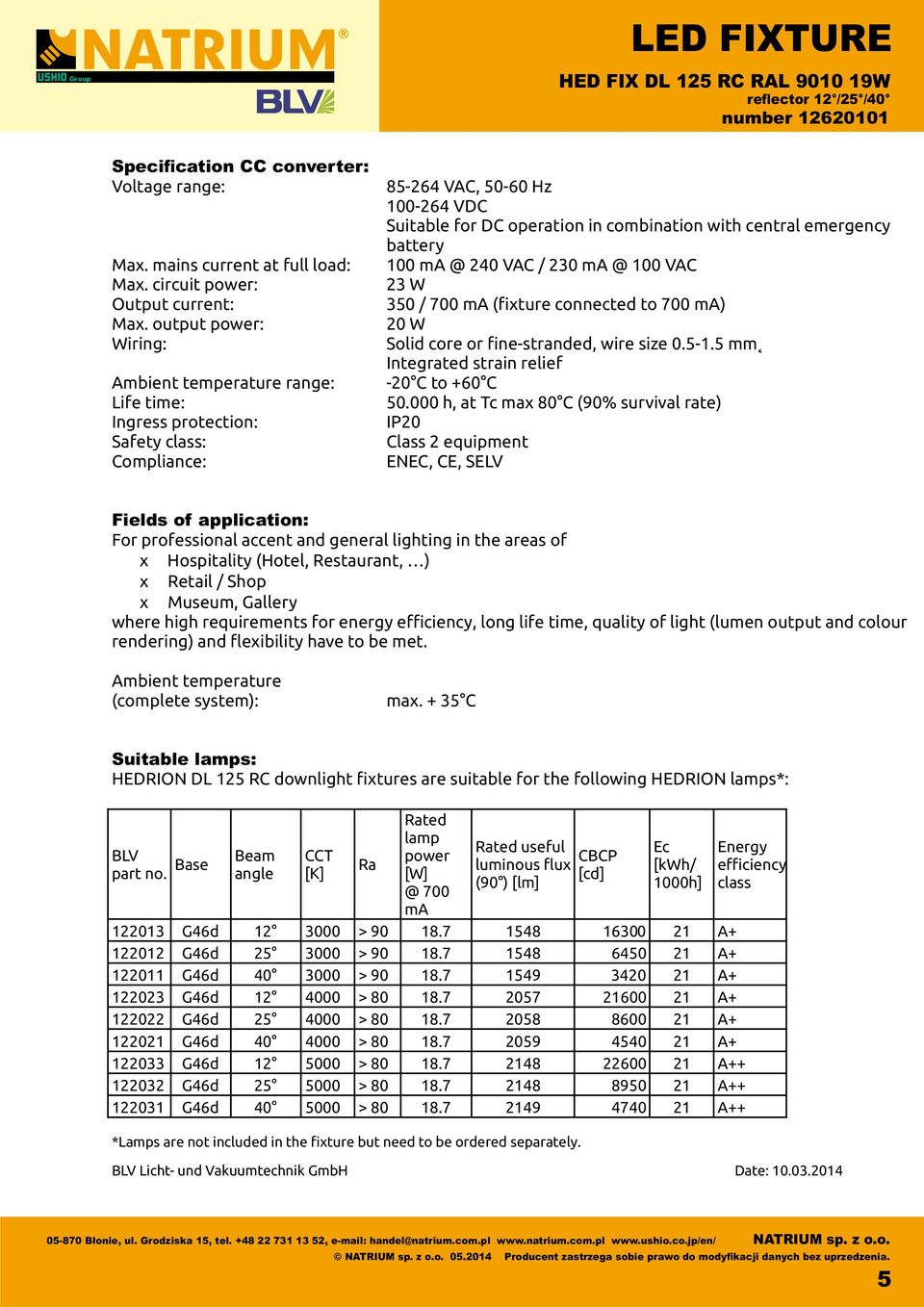 emergency battery 100 ma @ 240 VAC / 230 ma @ 100 VAC 23 W 350 / 700 ma ( xture connected to 700 ma) 20 W Solid core or ne-stranded, wire size 0.5-1.5 mm Integrated strain relief -20 C to +60 C 50.