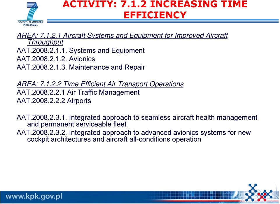 2008.2.2.2 Airports AAT.2008.2.3.1. Integrated approach to seamless aircraft health management and permanent serviceable fleet AAT.2008.2.3.2. Integrated approach to advanced avionics systems for new cockpit architectures and aircraft all-conditions operation