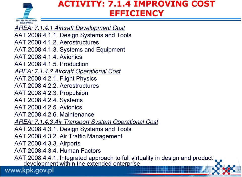 Propulsion AAT.2008.4.2.4. Systems AAT.2008.4.2.5. Avionics AAT.2008.4.2.6. Maintenance AREA: 7.1.4.3 Air Transport System Operational Cost AAT.2008.4.3.1. Design Systems and Tools AAT.