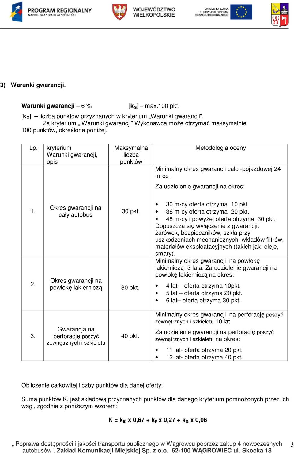 kryterium Warunki gwarancji, opis Maksymalna liczba punktów Metodologia oceny Minimalny okres gwarancji cało -pojazdowej 24