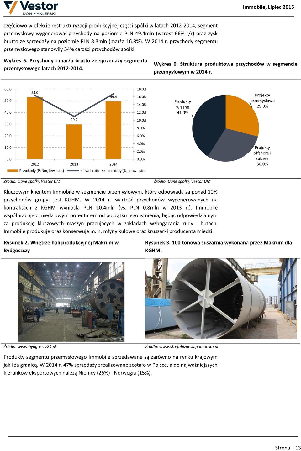 Przychody i marża brutto ze sprzedaży segmentu przemysłowego latach 2012-2014. Wykres 6. Struktura produktowa przychodów w segmencie przemysłowym w 2014 r. 60.0 50.0 40.0 53.0 49.4 18.0% 16.0% 14.