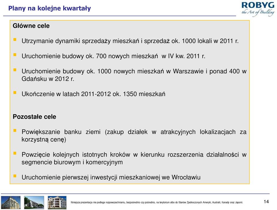 1350 mieszkań Pozostałe cele Powiększanie banku ziemi (zakup działek w atrakcyjnych lokalizacjach za korzystną cenę) Powzięcie kolejnych istotnych kroków w kierunku rozszerzenia