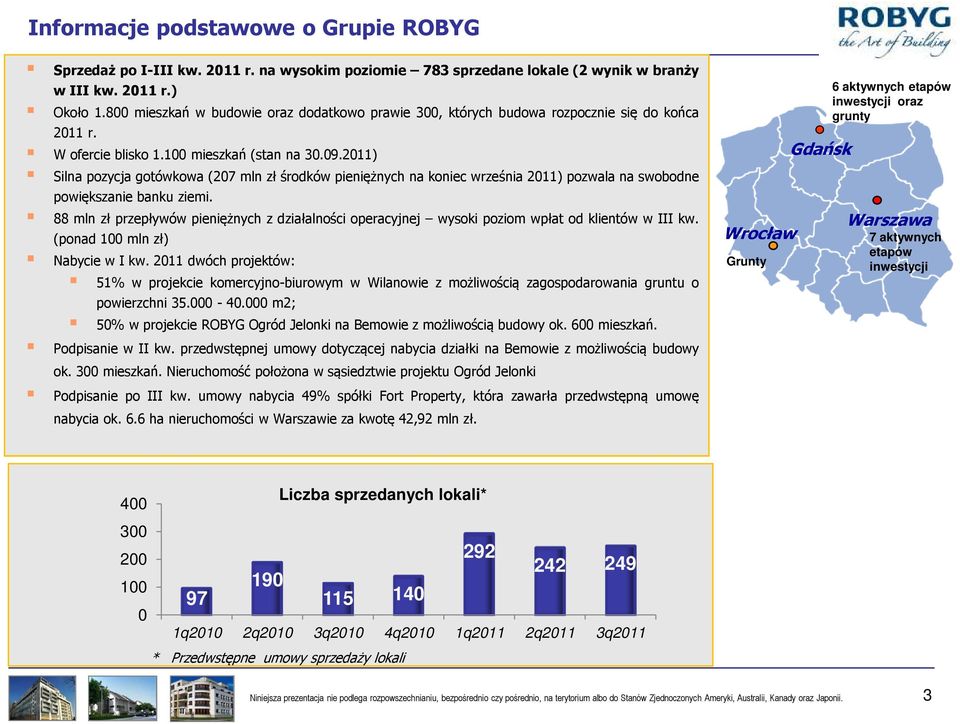 2011) Silna pozycja gotówkowa (207 mln zł środków pieniężnych na koniec września 2011) pozwala na swobodne powiększanie banku ziemi.
