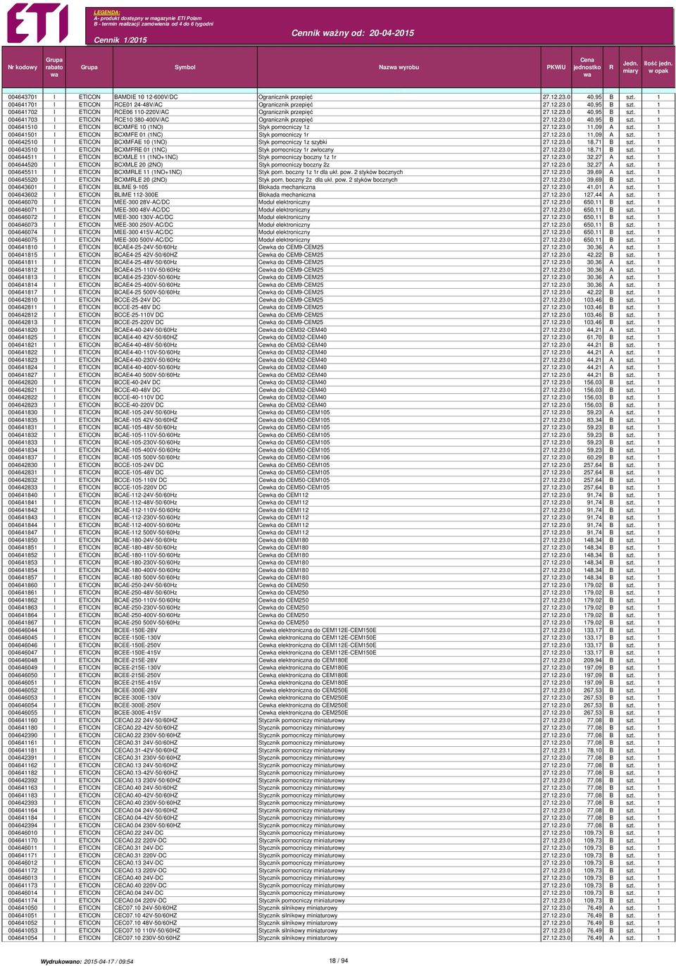 1 004641501 I ETICON BCXMFE 01 (1NC) Styk pomocniczy 1r 27.12.23.0 11,09 A szt. 1 004642510 I ETICON BCXMFAE 10 (1NO) Styk pomocniczy 1z szybki 27.12.23.0 18,71 B szt.