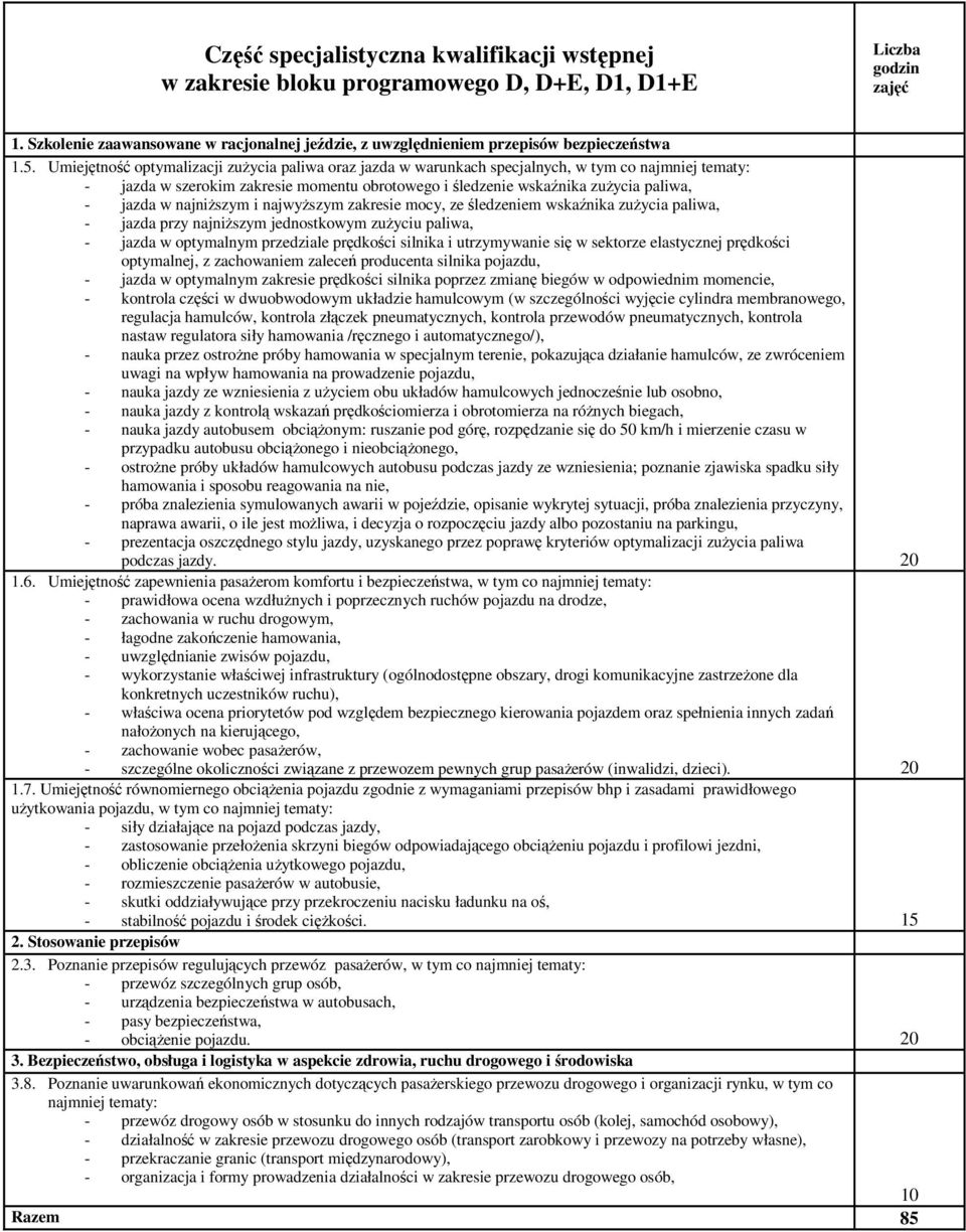 Umiejętność optymalizacji zużycia paliwa oraz jazda w warunkach specjalnych, w tym co najmniej tematy: - jazda w szerokim zakresie momentu obrotowego i śledzenie wskaźnika zużycia paliwa, - jazda w
