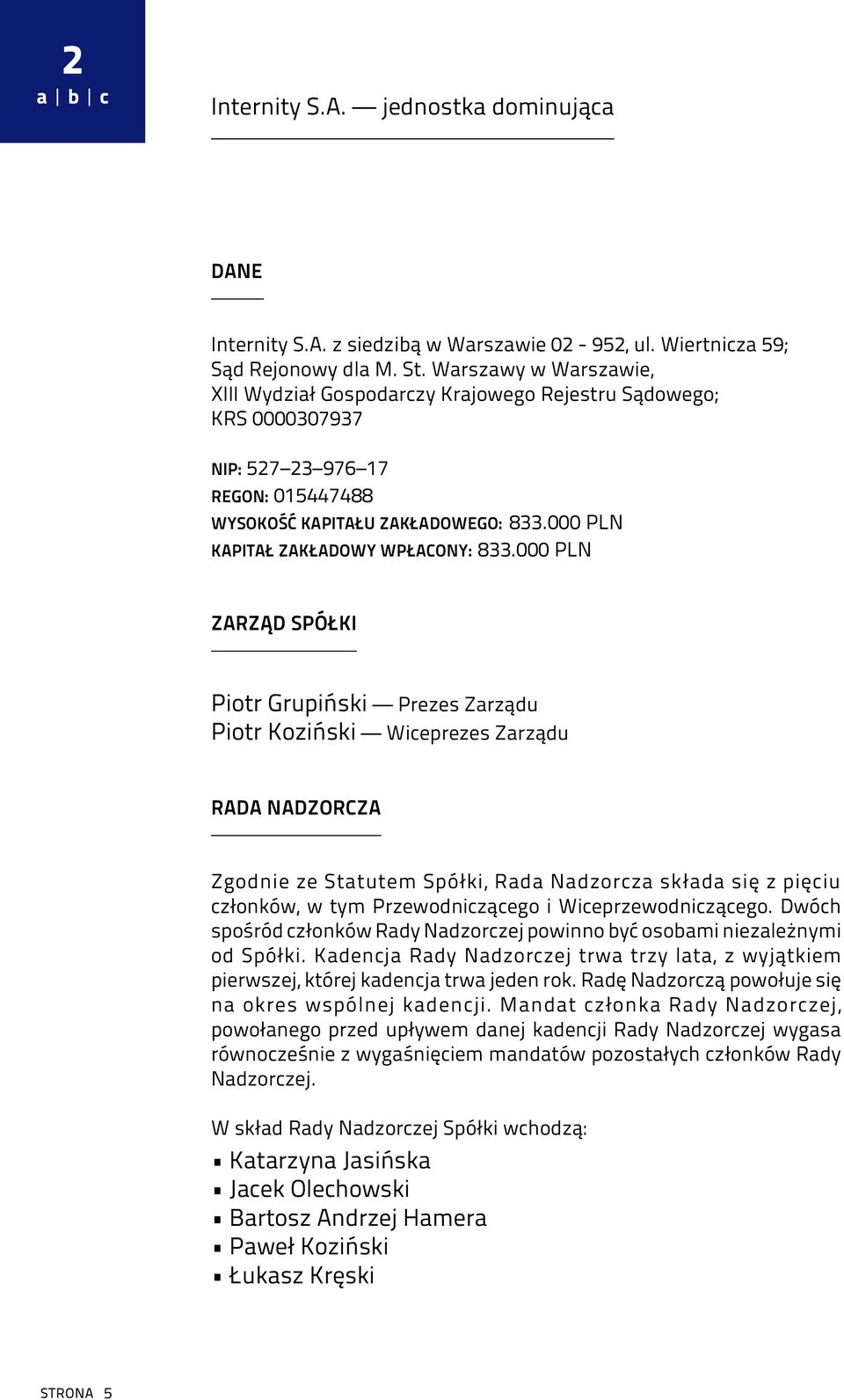 000 PLN KAPITAŁ ZAKŁADOWY WPŁACONY: 833.