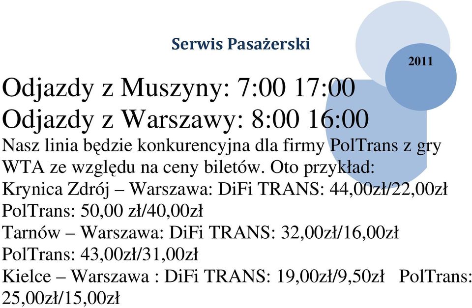 Oto przykład: Krynica Zdrój Warszawa: DiFi TRANS: 44,00zł/22,00zł PolTrans: 50,00 zł/40,00zł Tarnów