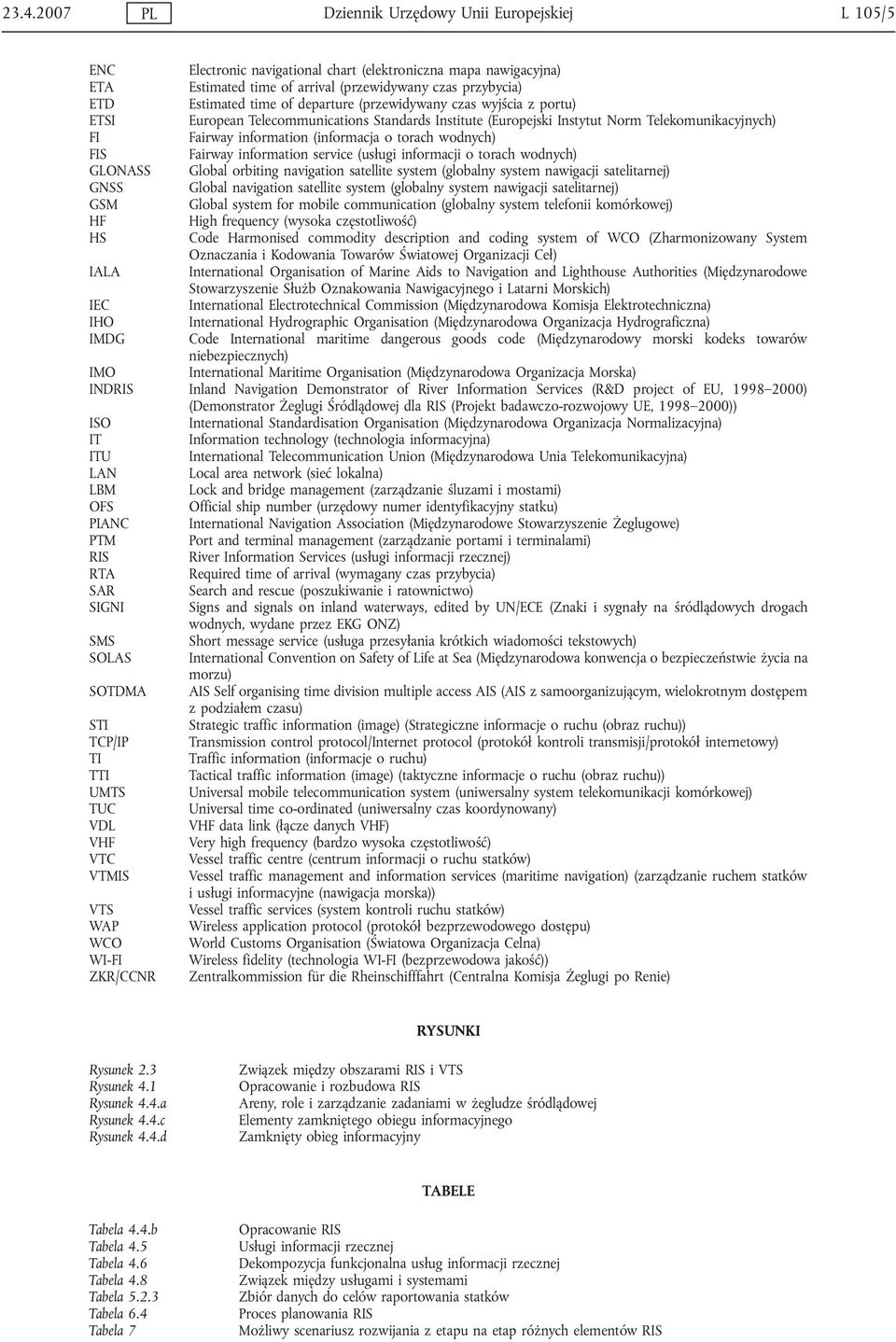 wodnych) FIS Fairway information service (usługi informacji o torach wodnych) GLONASS Global orbiting navigation satellite system (globalny system nawigacji satelitarnej) GNSS Global navigation