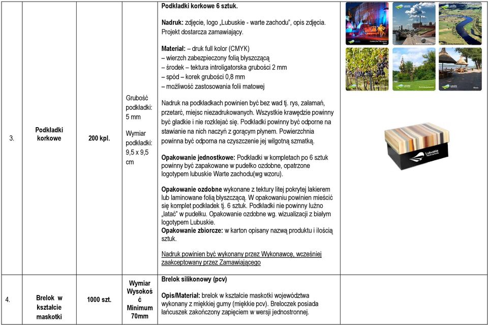 Podkładki korkowe 200 kpl. Grubość podkładki: 5 mm podkładki: 9,5 x 9,5 cm Nadruk na podkładkach powinien być bez wad tj. rys, załamań, przetarć, miejsc niezadrukowanych.