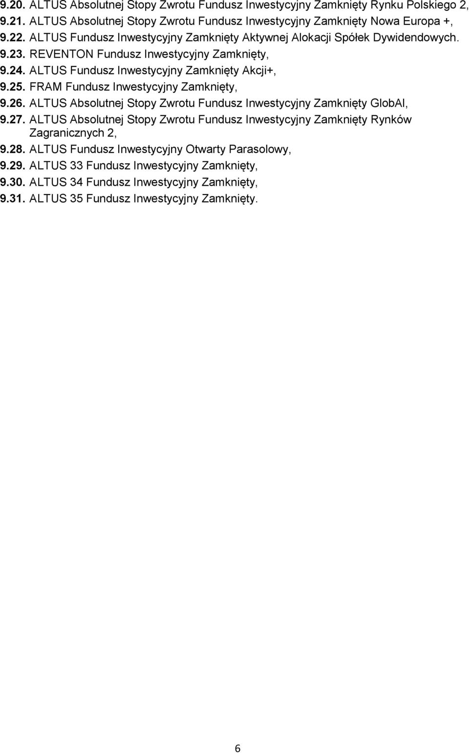 FRAM Fundusz Inwestycyjny Zamknięty, 9.26. ALTUS Absolutnej Stopy Zwrotu Fundusz Inwestycyjny Zamknięty GlobAl, 9.27.