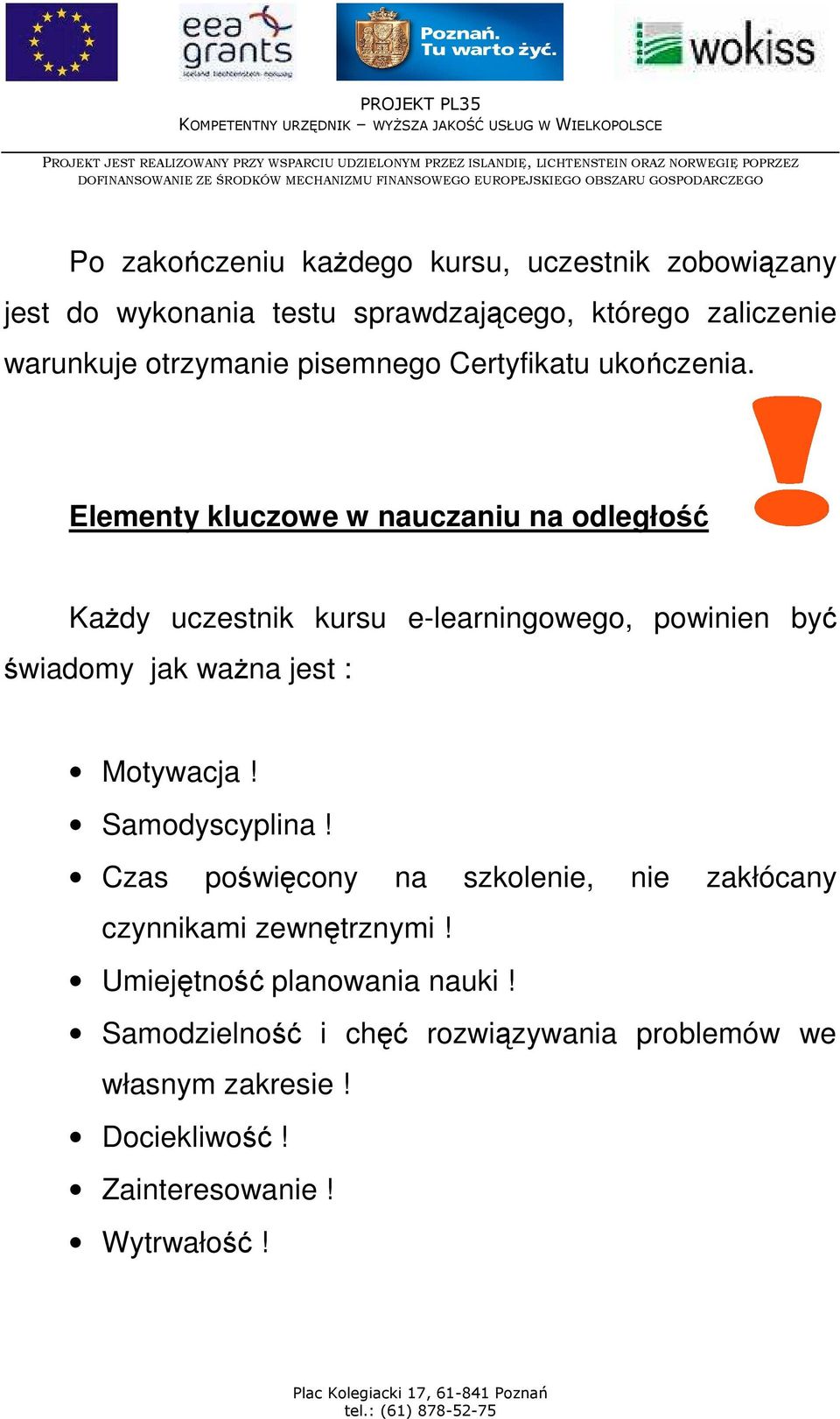 Elementy kluczowe w nauczaniu na odległość KaŜdy uczestnik kursu e-learningowego, powinien być świadomy jak waŝna jest : Motywacja!