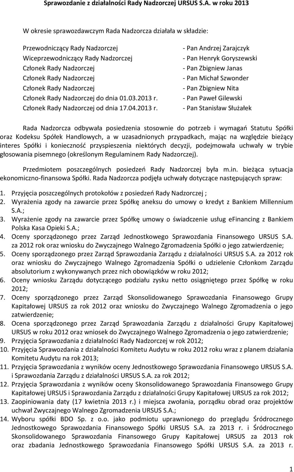 Nadzorczej Członek Rady Nadzorczej do dnia 01.03.2013 r.