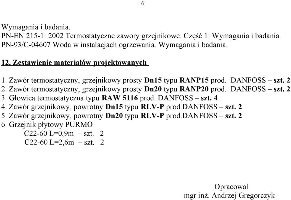 Zawór termostatyczny, grzejnikowy prosty Dn20 typu RANP20 prod. DANFOSS szt. 2 3. Głowica termostatyczna typu RAW 5116 prod. DANFOSS szt. 4 4.