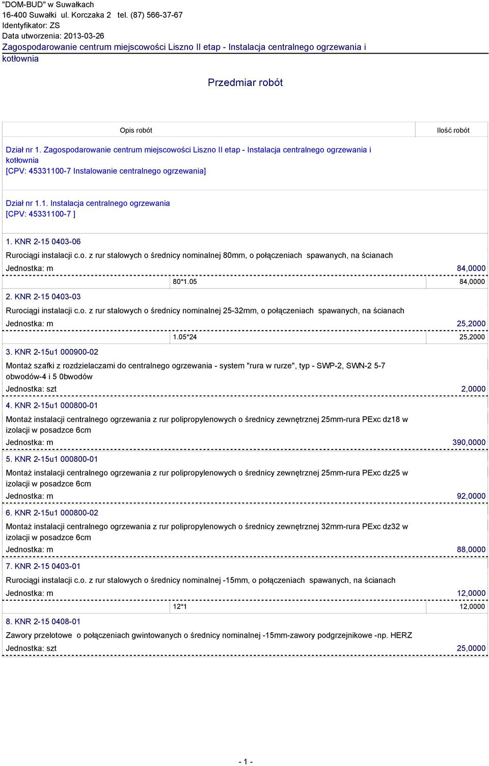 Zagospodarowanie centrum miejscowości Liszno II etap - Instalacja centralnego ogrzewania i kotłownia [CPV: 45331100-7 Instalowanie centralnego ogrzewania] Dział nr 1.1. Instalacja centralnego ogrzewania [CPV: 45331100-7 ] 1.