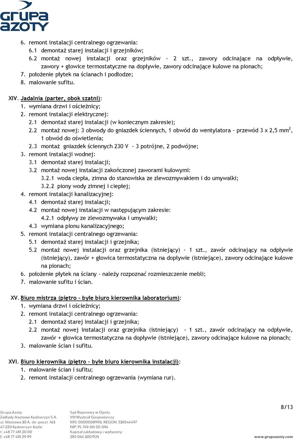 Jadalnia (parter, obok szatni): 2. remont instalacji elektrycznej: 2.1 demontaż starej instalacji (w koniecznym zakresie); 2.