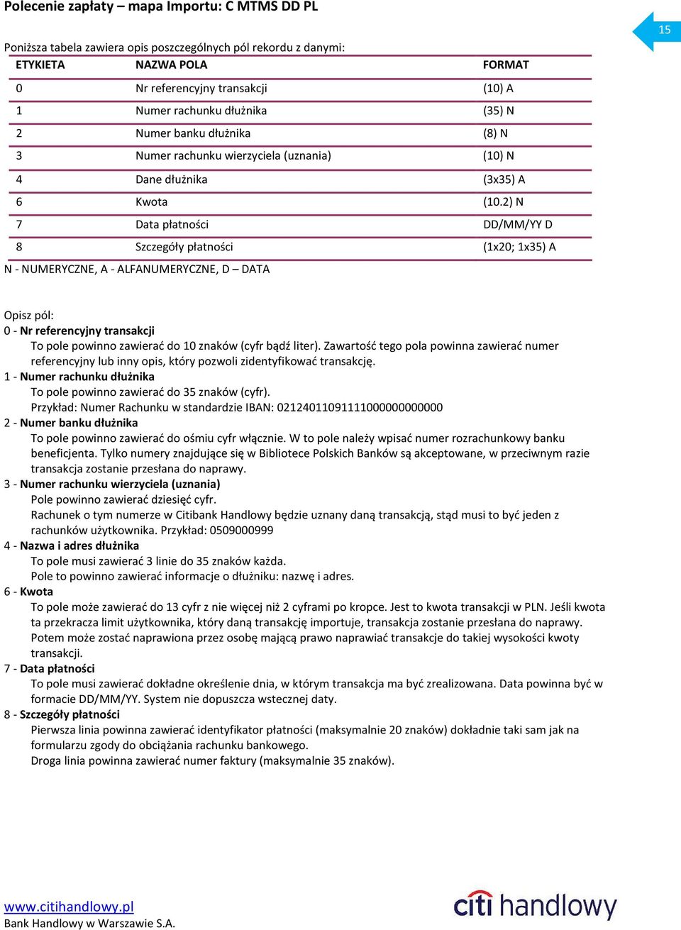 2) N 7 Data płatności DD/MM/YY D 8 Szczegóły płatności (1x20; 1x35) A N - NUMERYCZNE, A - ALFANUMERYCZNE, D DATA 15 Opisz pól: 0 - Nr referencyjny transakcji To pole powinno zawierać do 10 znaków