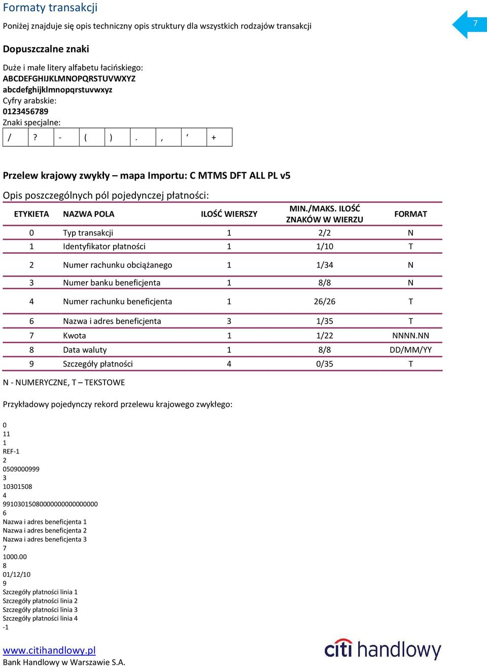 , + Przelew krajowy zwykły mapa Importu: C MTMS DFT ALL PL v5 Opis poszczególnych pól pojedynczej płatności: ETYKIETA NAZWA POLA ILOŚĆ WIERSZY MIN./MAKS.