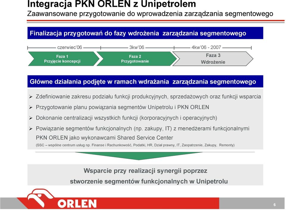 sprzedażowych oraz funkcji wsparcia Przygotowanie planu powiązania segmentów Unipetrolu i PKN ORLEN Dokonanie centralizacji wszystkich funkcji (korporacyjnych i operacyjnych) Powiązanie segmentów