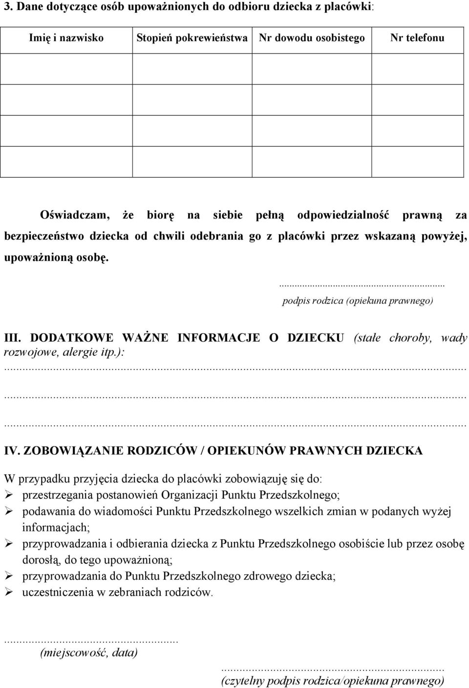 DODATKOWE WAŻNE INFORMACJE O DZIECKU (stałe choroby, wady rozwojowe, alergie itp.): IV.