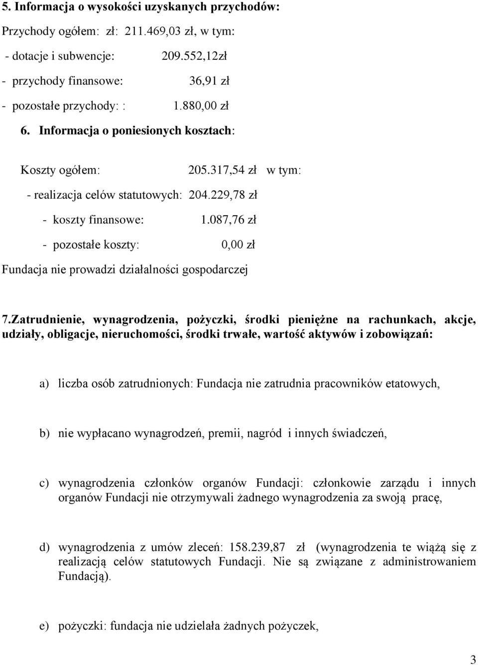 087,76 zł - pozostałe koszty: 0,00 zł Fundacja nie prowadzi działalności gospodarczej 7.