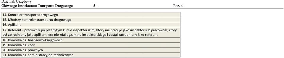 Referent - pracownik po przebytym kursie inspektorskim, który nie pracuje jako inspektor lub pracownik, który był zatrudniony