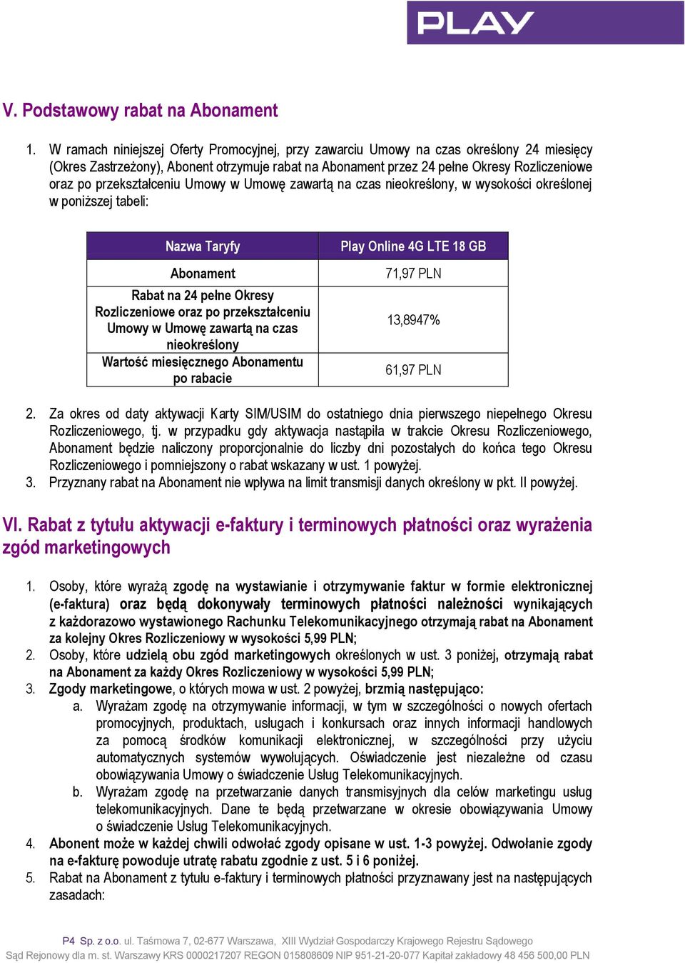 przekształceniu Umowy w Umowę zawartą na czas nieokreślony, w wysokości określonej w poniższej tabeli: Nazwa Taryfy Abonament Rabat na 24 pełne Okresy Rozliczeniowe oraz po przekształceniu Umowy w