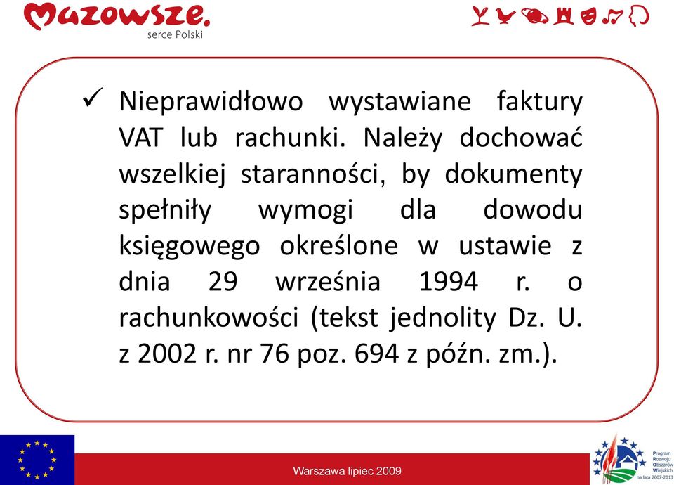 wymogi dla dowodu księgowego określone w ustawie z dnia 29