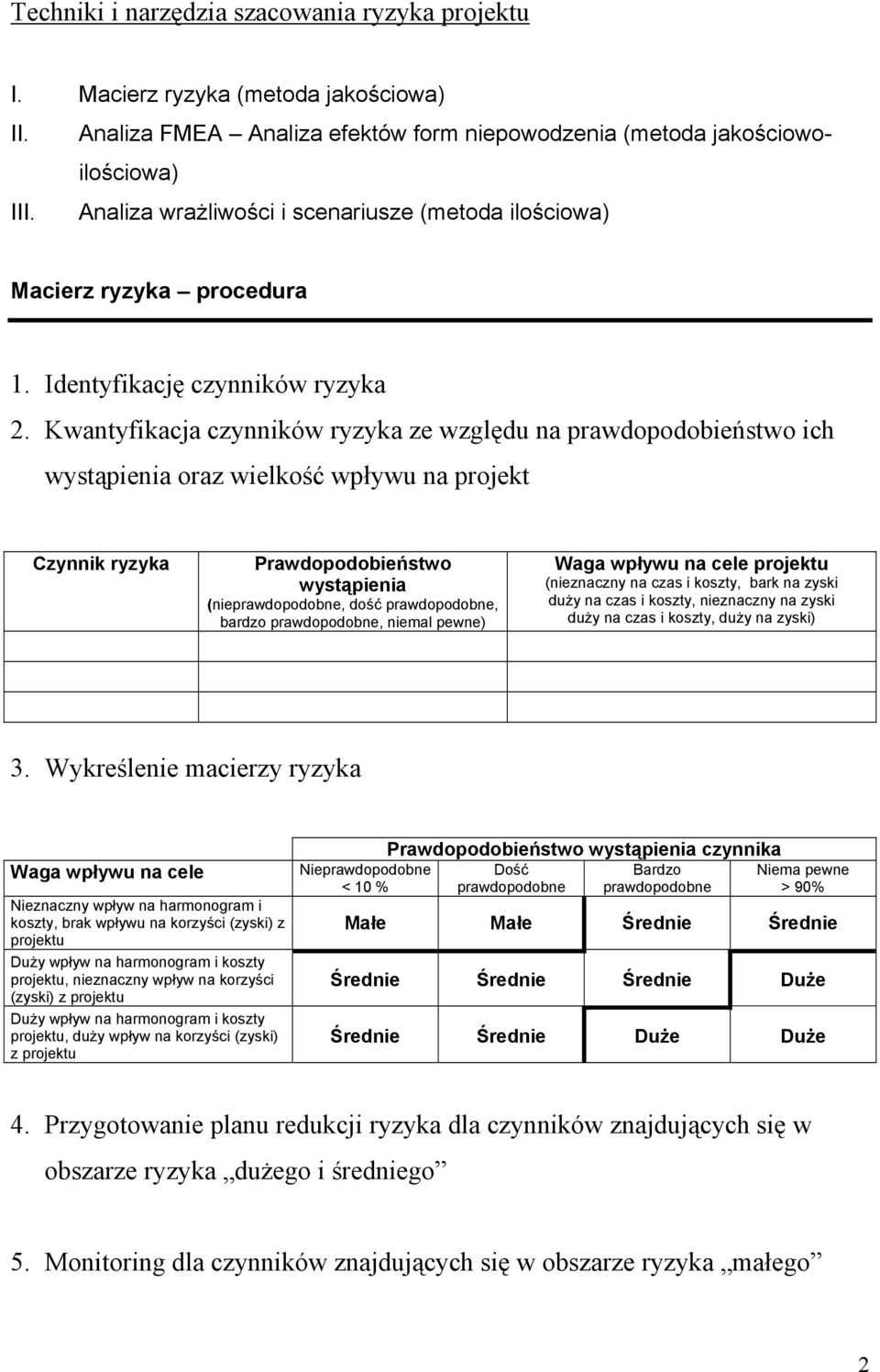 Kwantyfikacja czynników ryzyka ze względu na prawdopodobieństwo ich wystąpienia oraz wielkość wpływu na projekt Czynnik ryzyka Prawdopodobieństwo wystąpienia (nieprawdopodobne, dość prawdopodobne,