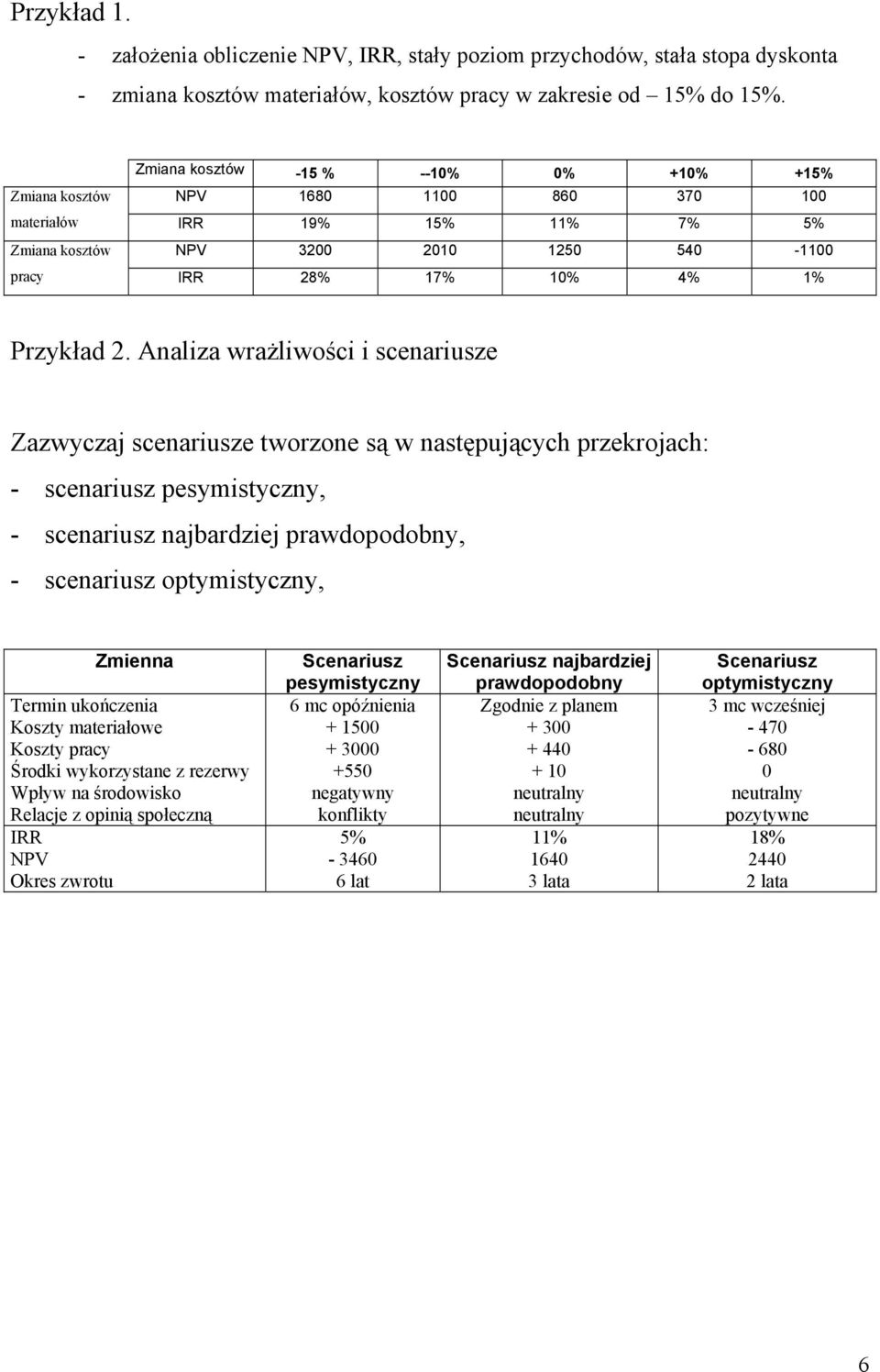 Analiza wrażliwości i scenariusze Zazwyczaj scenariusze tworzone są w następujących przekrojach: - scenariusz pesymistyczny, - scenariusz najbardziej prawdopodobny, - scenariusz optymistyczny,