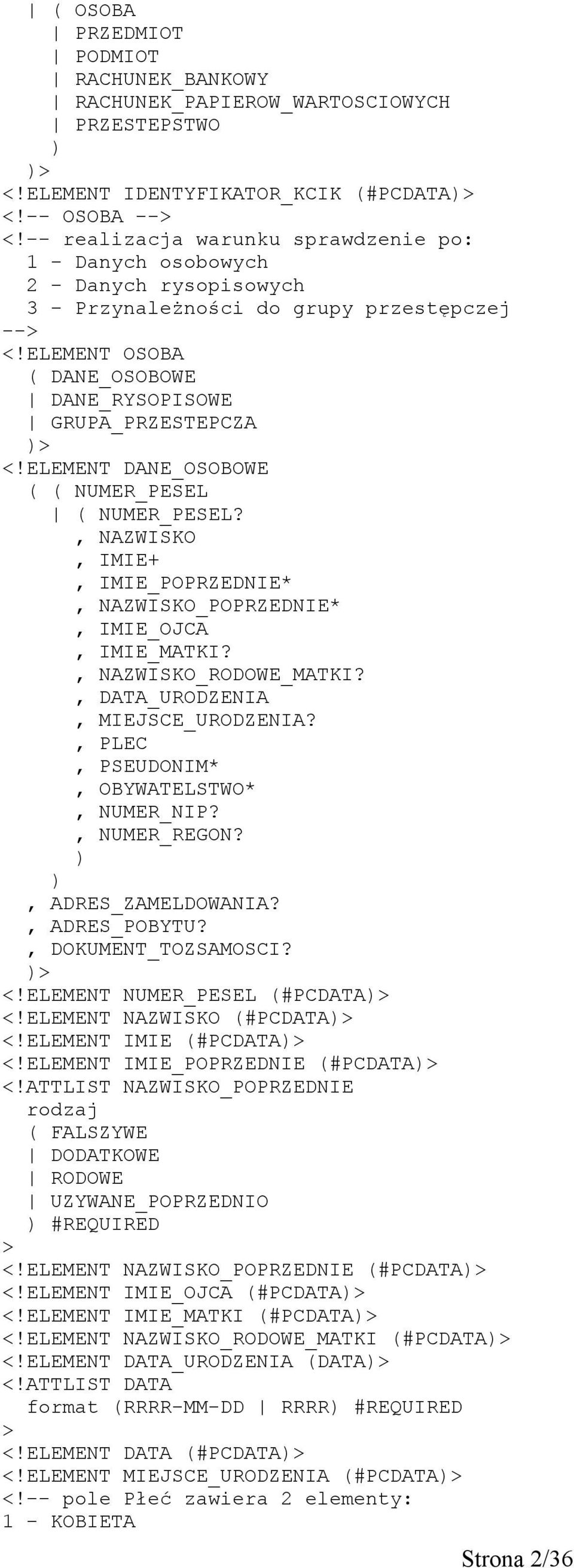 ELEMENT DANE_OSOBOWE ( ( NUMER_PESEL ( NUMER_PESEL?, NAZWISKO, IMIE+, IMIE_POPRZEDNIE*, NAZWISKO_POPRZEDNIE*, IMIE_OJCA, IMIE_MATKI?, NAZWISKO_RODOWE_MATKI?, DATA_URODZENIA, MIEJSCE_URODZENIA?