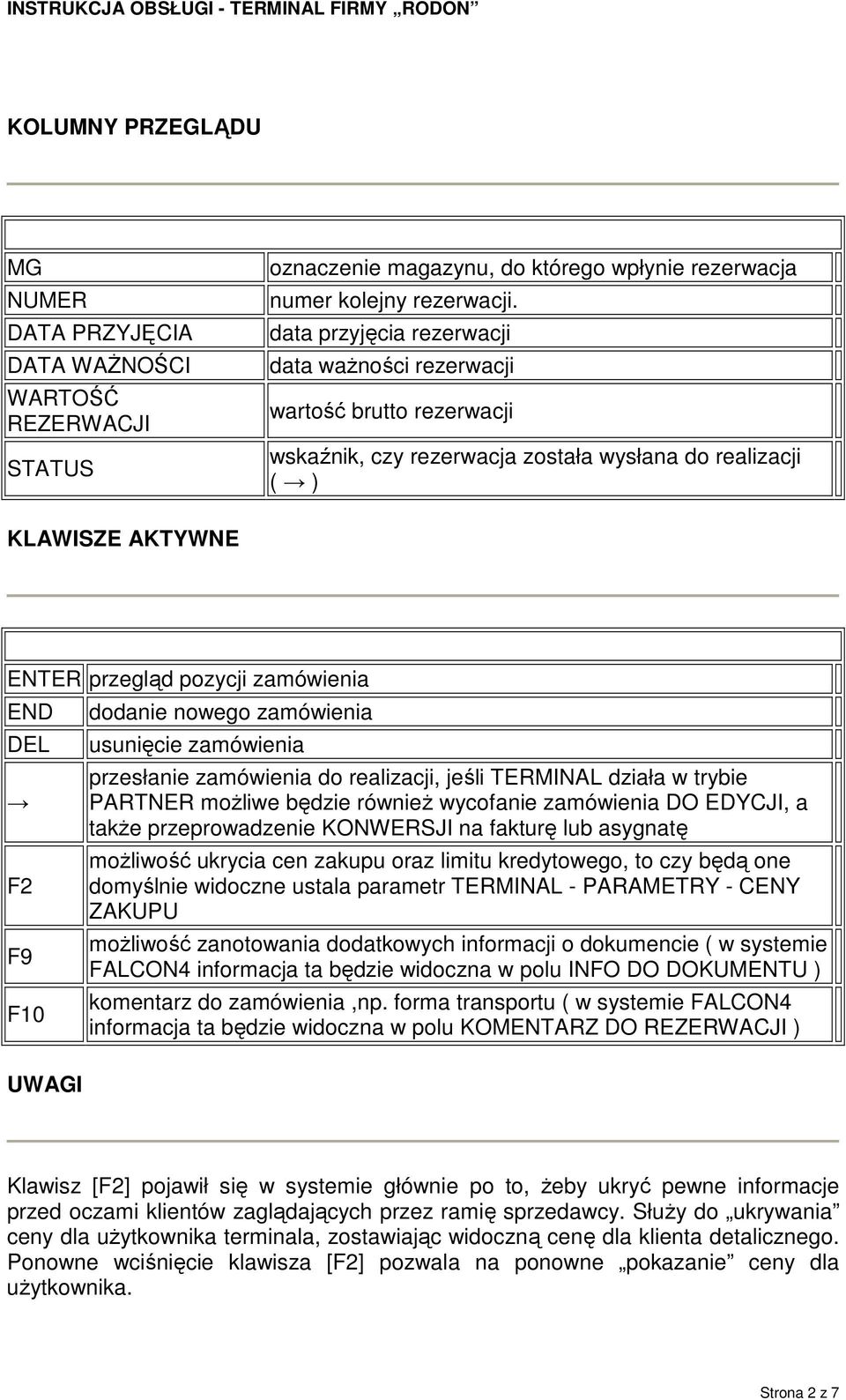 dodanie nowego zamówienia usunięcie zamówienia przesłanie zamówienia do realizacji, jeśli TERMINAL działa w trybie PARTNER moŝliwe będzie równieŝ wycofanie zamówienia DO EDYCJI, a takŝe