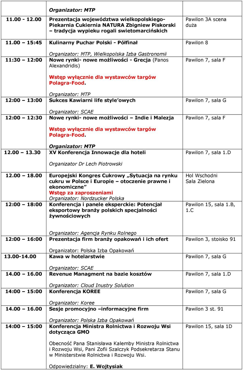 12:00 12:30 Nowe rynki- nowe możliwości Indie i Malezja Pawilon 7, sala G 12.00 13.30 XV Konferencja Innowacje dla hoteli Pawilon 7, sala 1.D Organizator Dr Lech Piotrowski 12.00 18.