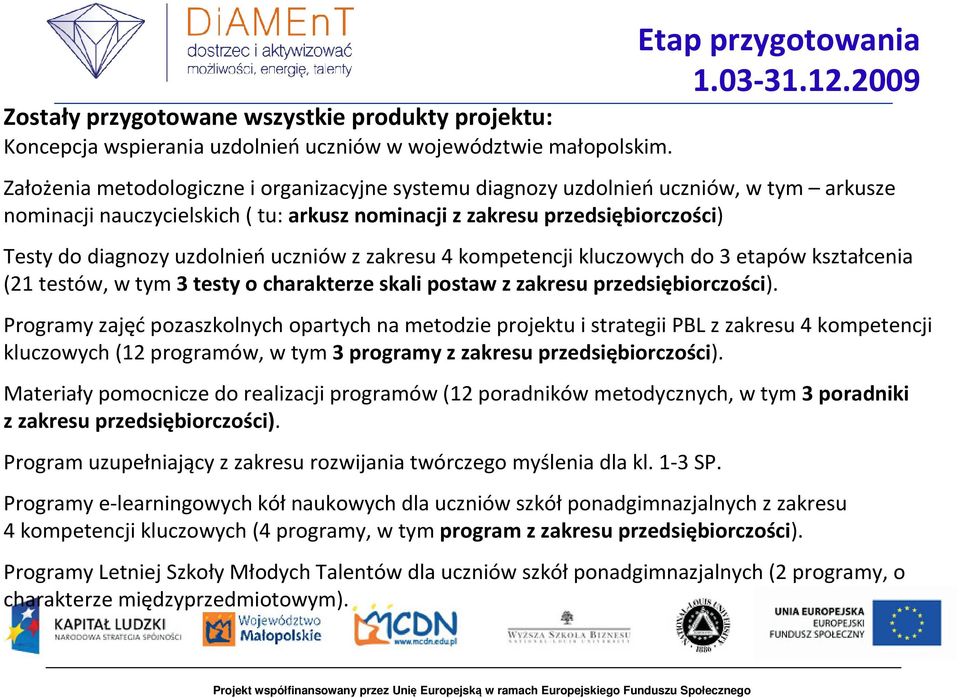 uczniów z zakresu 4 kompetencji kluczowych do 3 etapów kształcenia (21 testów, w tym 3 testy o charakterze skali postaw z zakresu przedsiębiorczości).